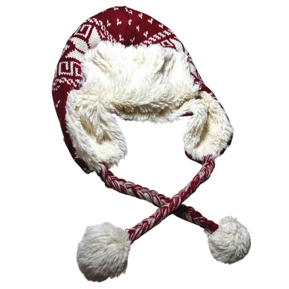 Mukluks Fair Isle Trapper Hat with Pom Poms Burgundy White Faux Fur Lined - Picture 2 of 4